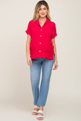 Fuchsia Collared Button-Down Short Sleeve Maternity Blouse