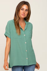 Green Collared Button-Down Short Sleeve Maternity Blouse