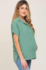 Green Collared Button-Down Short Sleeve Maternity Blouse