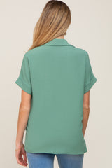 Green Collared Button-Down Short Sleeve Maternity Blouse