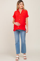 Red Collared Button-Down Short Sleeve Maternity Blouse