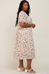 Ivory Floral Chiffon Pleated Short Sleeve Maternity Plus Midi Dress