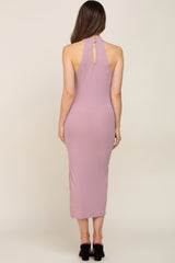 Mauve Ribbed Mock Neck Sleeveless Side Slit Maternity Midi Dress