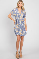 Blue Floral V-Neck Short Sleeve Dress