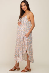 Blue Floral Round Hem Maternity Midi Dress