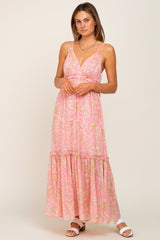 Pink Chiffon V-Neck Ruffle Tiered Maternity Maxi Dress