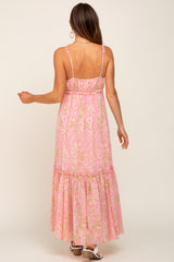 Pink Chiffon V-Neck Ruffle Tiered Maxi Dress