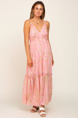 Pink Chiffon V-Neck Ruffle Tiered Maxi Dress