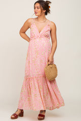 Pink Chiffon V-Neck Ruffle Tiered Maternity Maxi Dress