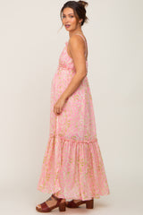 Pink Chiffon V-Neck Ruffle Tiered Maternity Maxi Dress