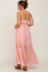 Pink Chiffon V-Neck Ruffle Tiered Maternity Maxi Dress