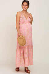 Pink Chiffon V-Neck Ruffle Tiered Maternity Maxi Dress