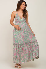 Light Olive Chiffon V-Neck Ruffle Tiered Maternity Maxi Dress