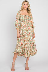 Light Olive Floral Ruffle Square Neck Smocked Front Tie Midi Dress