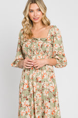 Light Olive Floral Ruffle Square Neck Smocked Front Tie Midi Dress