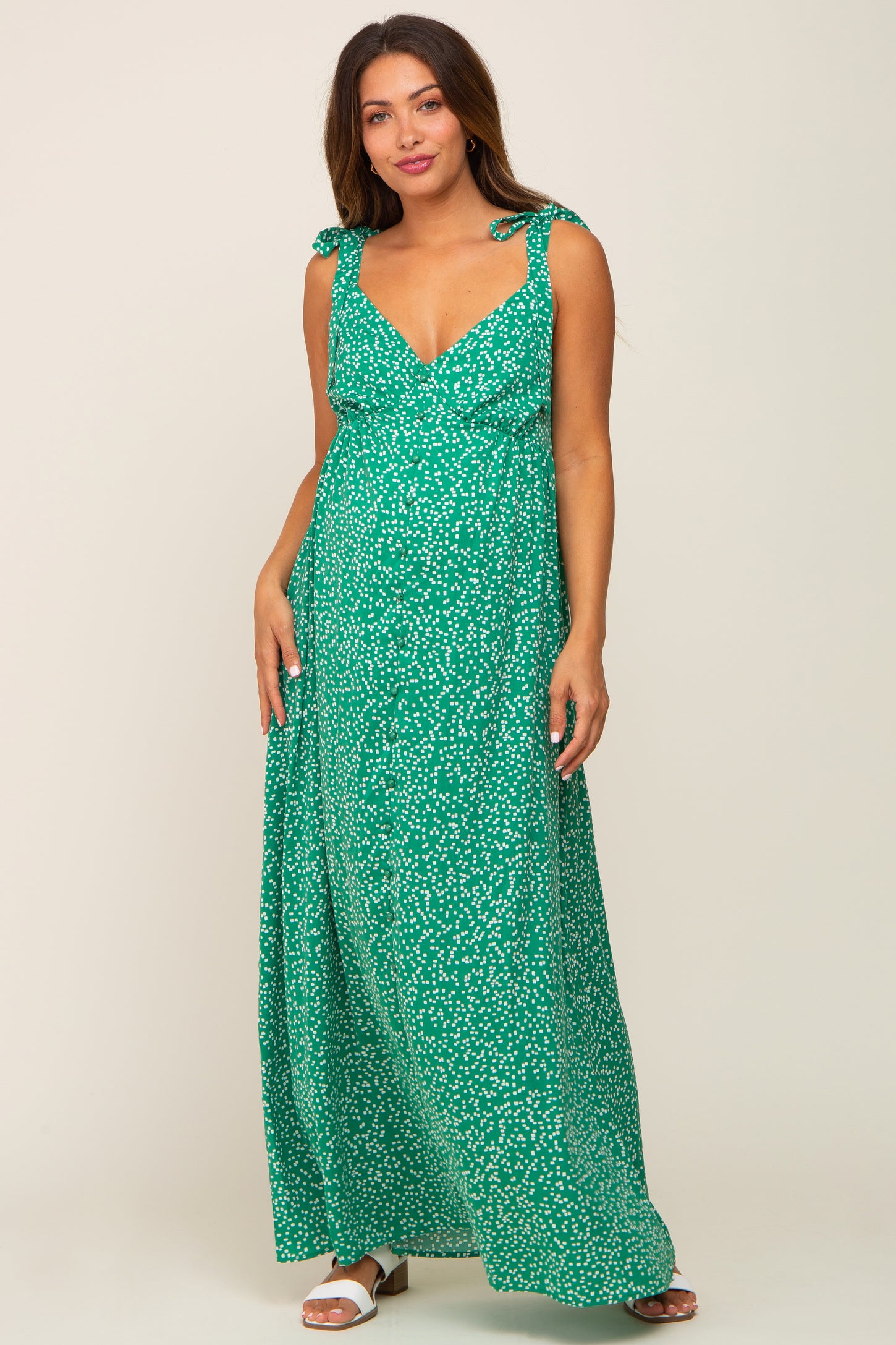 Green Button Front Tie Shoulder Maternity Maxi Dress
