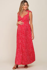 Red Button Front Tie Shoulder Maternity Maxi Dress