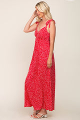 Red Button Front Tie Shoulder Maxi Dress