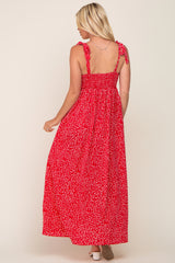 Red Button Front Tie Shoulder Maxi Dress