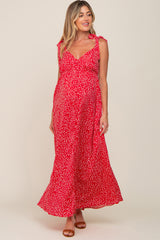 Red Button Front Tie Shoulder Maternity Maxi Dress