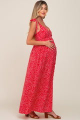 Red Button Front Tie Shoulder Maternity Maxi Dress