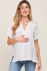 White Striped Linen Split V-Neck Maternity Top