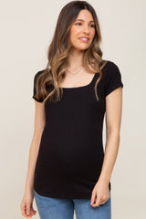 Black Ribbed Squared Neck Cap Sleeve Maternity Top