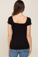 Black Ribbed Squared Neck Cap Sleeve Maternity Top