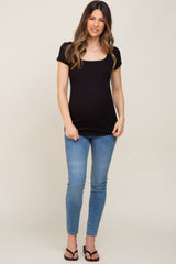 Black Ribbed Squared Neck Cap Sleeve Maternity Top