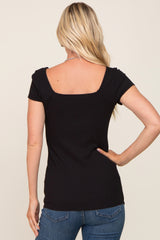 Black Ribbed Squared Neck Cap Sleeve Top