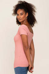 Salmon Ribbed Squared Neck Cap Sleeve Top