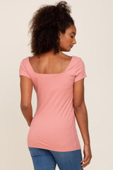 Salmon Ribbed Squared Neck Cap Sleeve Top