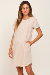 Beige French Terry Cuffed Short Sleeve Maternity Dress