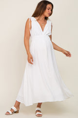 White V-Neck Drawstring Shoulder Maternity Midi Dress