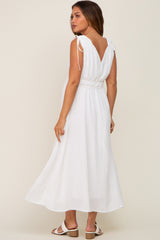 White V-Neck Drawstring Shoulder Maternity Midi Dress