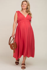 Magenta V-Neck Drawstring Shoulder Maternity Plus Midi Dress