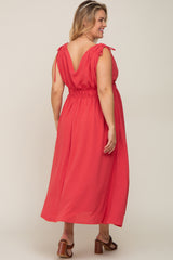 Magenta V-Neck Drawstring Shoulder Maternity Plus Midi Dress