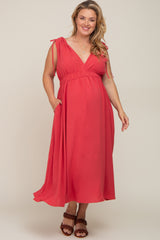 Magenta V-Neck Drawstring Shoulder Maternity Plus Midi Dress