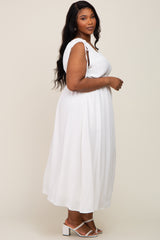 White V-Neck Drawstring Shoulder Plus Midi Dress