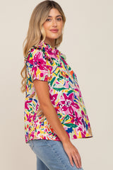 Multi-Color Ruffle Mock Neck Short Sleeve Maternity Blouse