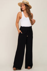 Black Smocked Waist Wide Leg Linen Maternity Pants