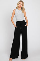 Black Smocked Waist Wide Leg Linen Maternity Pants