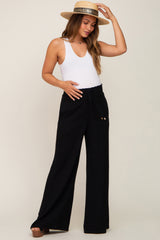 Black Smocked Waist Wide Leg Linen Maternity Pants