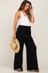 Black Smocked Waist Wide Leg Linen Maternity Pants