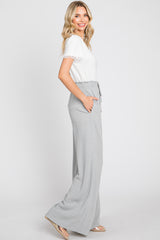 Grey Smocked Waist Wide Leg Linen Pants