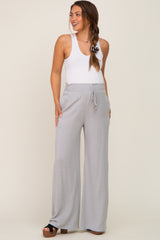 Grey Smocked Waist Wide Leg Linen Maternity Pants