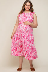 Fuchsia Floral Paisley Tiered Plus Maternity Midi Dress