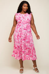 Fuchsia Floral Paisley Tiered Plus Maternity Midi Dress