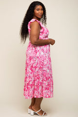 Fuchsia Floral Paisley Tiered Plus Midi Dress