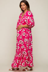 Fuchsia Floral V-Neck Dolman 3/4 Sleeve Maternity Midi Dress